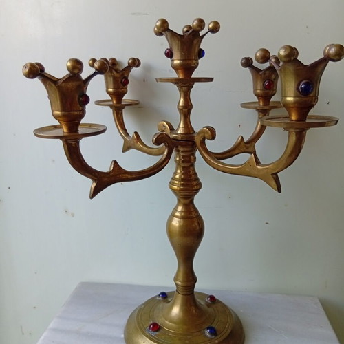 Brass candlestick with inlaid stones, 30.5 cm