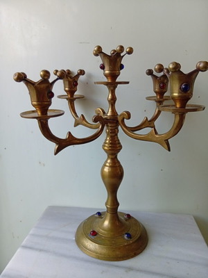 Brass candlestick with inlaid stones, 30.5 cm