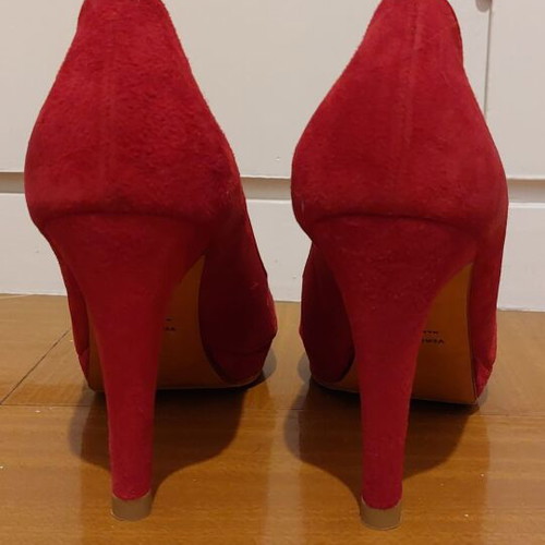Michele Lopriore peep toe shoe red, new, size 38, suede