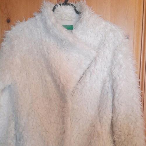 Benetton faux fur coat used, white/cream, size M