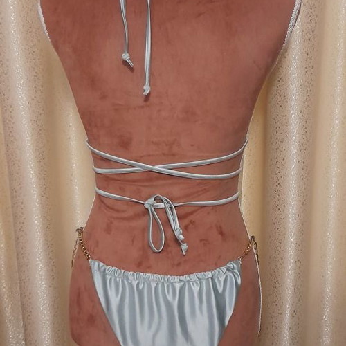 Satin triangle bikini swimsuit with chains light blue