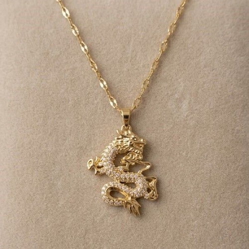 Gold dragon necklace with rhinestones, Gothic fantasy