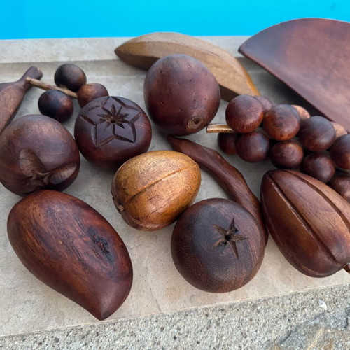 Vintage handmade wooden decorative set with wooden fruits