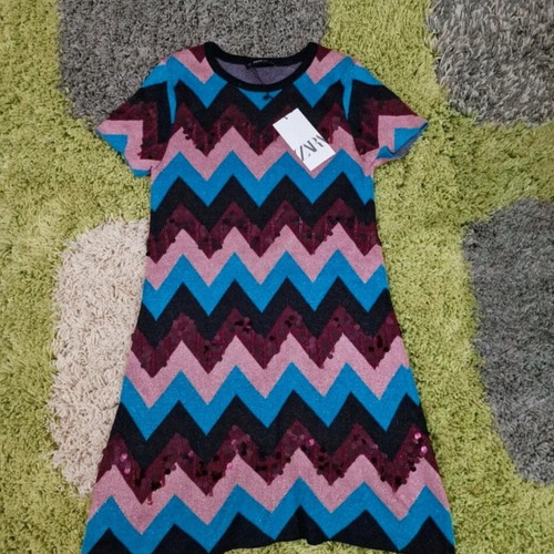 Zara knitted dress new with tag, size S, pink and blue with sequins