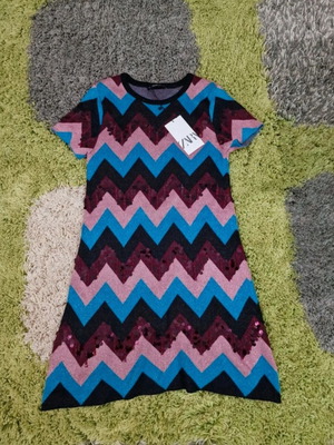 Zara knitted dress new with tag, size S, pink and blue with sequins