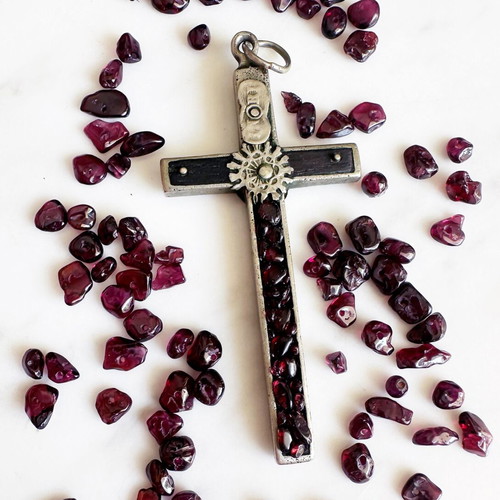 Antique French Cross Pendant with Garnets used, late 19th century