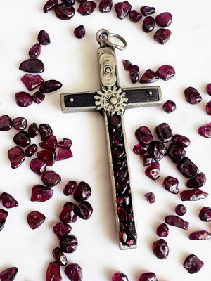 Antique French Cross Pendant with Garnets used, late 19th century