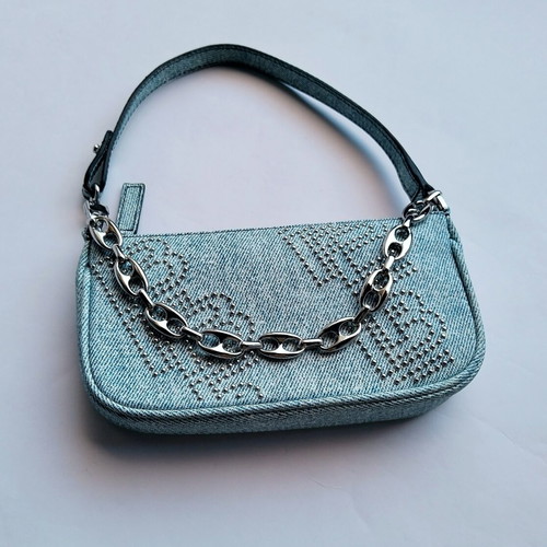 By Far Rachel Mini Bag New Denim Print with BF Logo Studs
