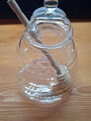 Honey jar glass with wooden dipper new