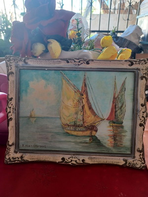 Painting by A. Kontostaulos 1960 used, seascape with sailing boats