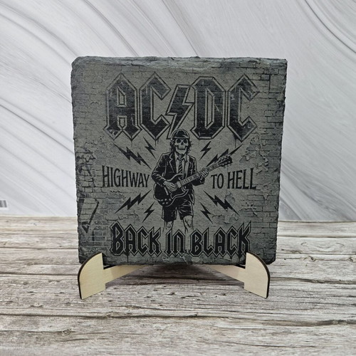 Engraved AC/DC volcanic stone tile new, 13x13 cm