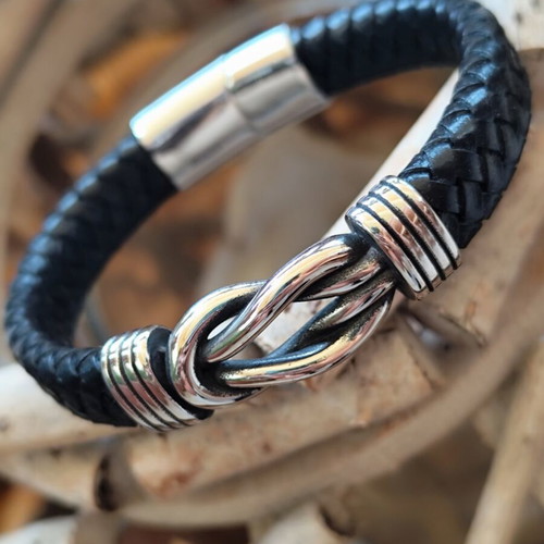 Men's leather bracelet with stainless steel nautical knot new