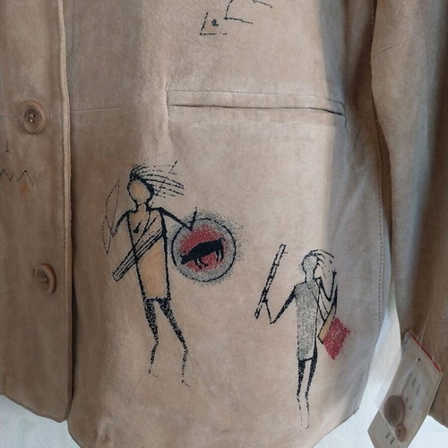 Women's suede leather jacket JAZZ like new with hand-painted African motifs, size XXL