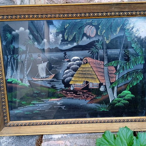 Antique framed textile painting 95 years old used with velvet cushion