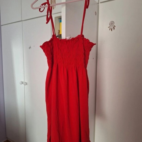 Red dress with smocked top and adjustable straps, size M