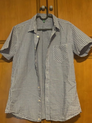 Benetton checked shirt used, blue and white, slim fit, size M