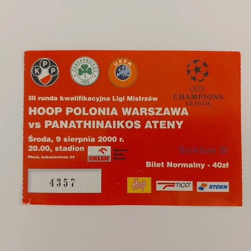 Polonia Warszawa - Panathinaikos ticket used, C.L. qualifiers 00/01
