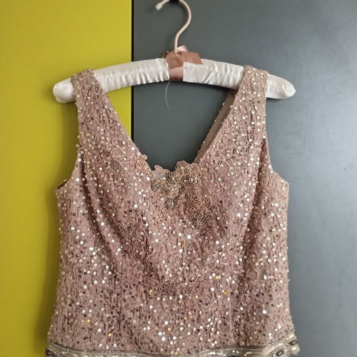 Handmade silk blouse with beads and sequins, S/M, beige, made in France
