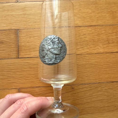 Drink glass with coin like new, collectible crystal stemmed