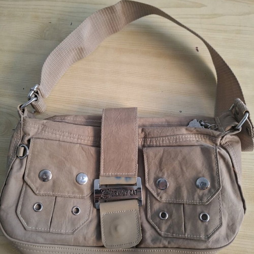Women's shoulder bag used, beige with metal details