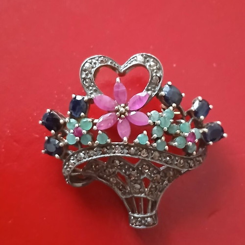 Large brooch with diamonds, sapphires, rubies and emeralds, 14K gold and silver