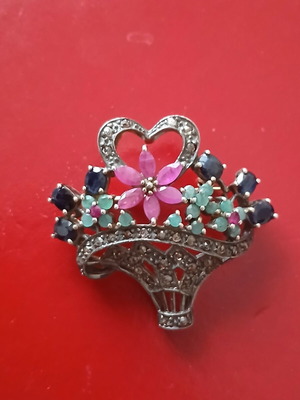 Large brooch with diamonds, sapphires, rubies and emeralds, 14K gold and silver