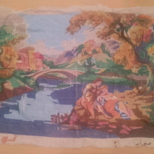 Embroidery on canvas used with castle and river