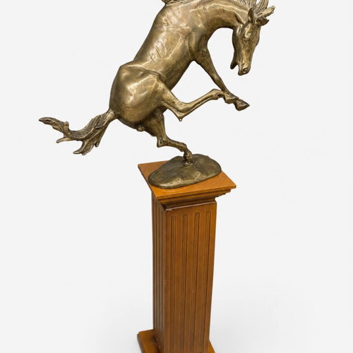 Bucephalus brass sculpture on walnut wood base used