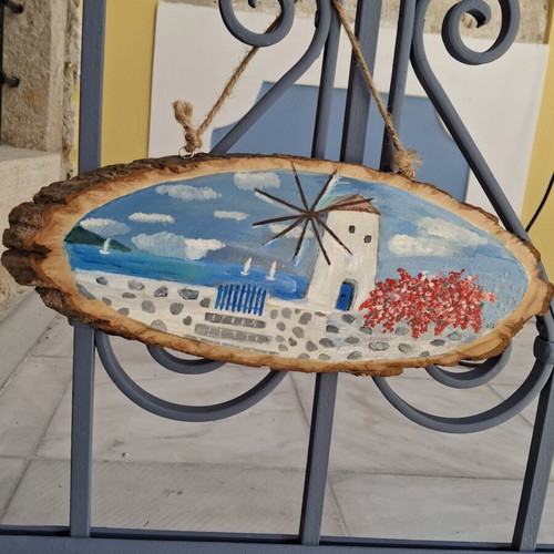 Handmade wooden wall decor with Cycladic art style