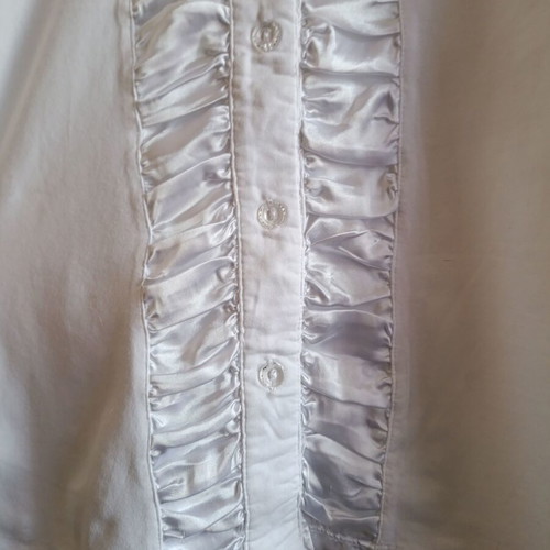 White blouse with satin ruffles and decorative crystal buttons, like new