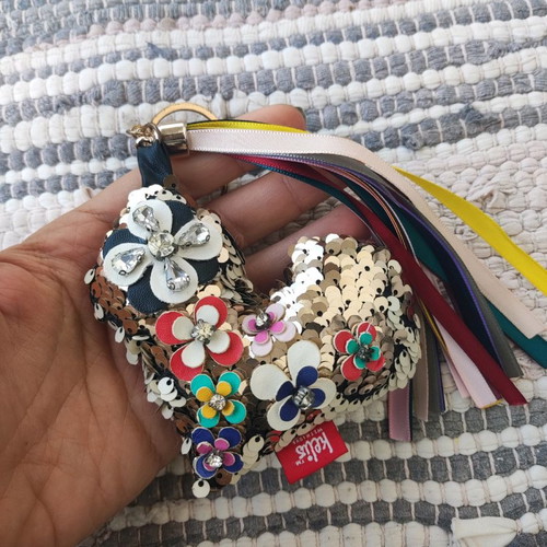 Keychain large heart with sequins, rhinestones and ribbons new, beige gold