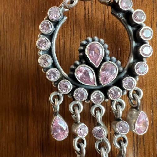 Silver chandelier earrings used with pink semi-precious stones