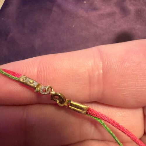 Handmade necklace silver plated with green and fuchsia cords
