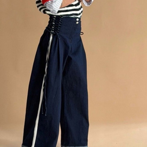 Meet to you Wide Leg Denim Jeans with Adjustable Waist, New, Blue