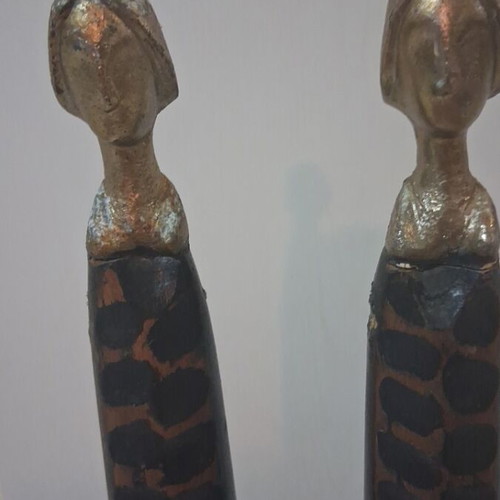 Decorative set of 2 used, bronze with wood, 66 cm height
