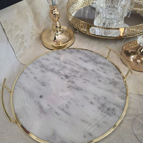 Round tray gold with real marble 30cm diameter, 5cm height