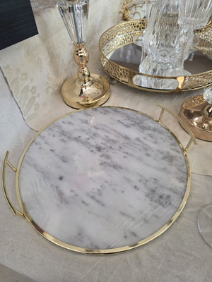 Round tray gold with real marble 30cm diameter, 5cm height