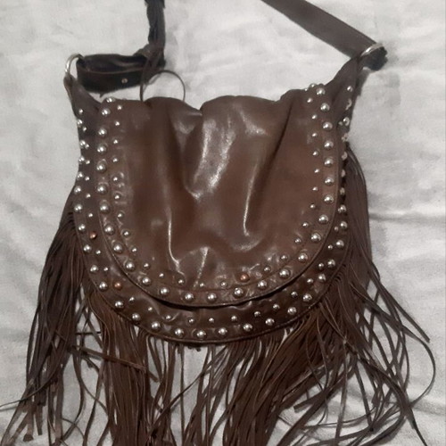 Zara vintage shoulder bag used, brown leather with fringes and studs