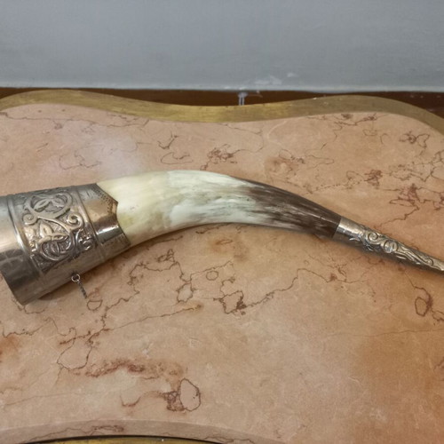 Traditional Wine Cup Made of Authentic Animal Horn with Silver Details
