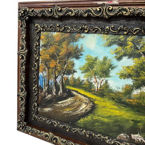 Vintage signed painting with carved frame used 80x130 with damage