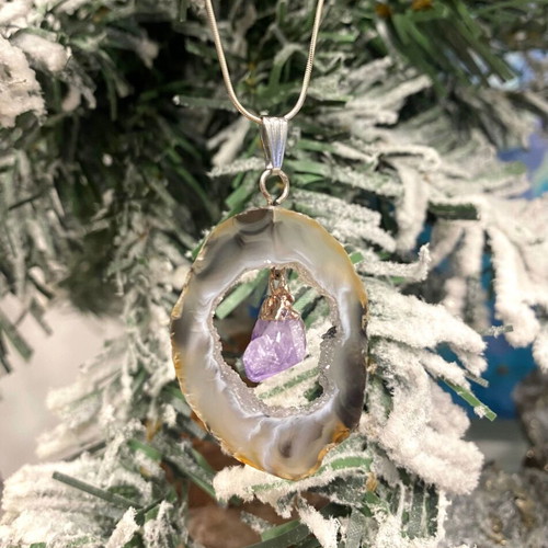 Handmade Pendant with Natural Black Agate and Raw Amethyst new