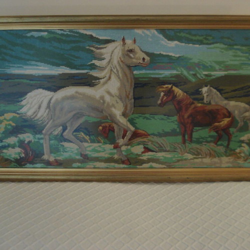 Handmade embroidered painting with wooden frame, horses theme, like new
