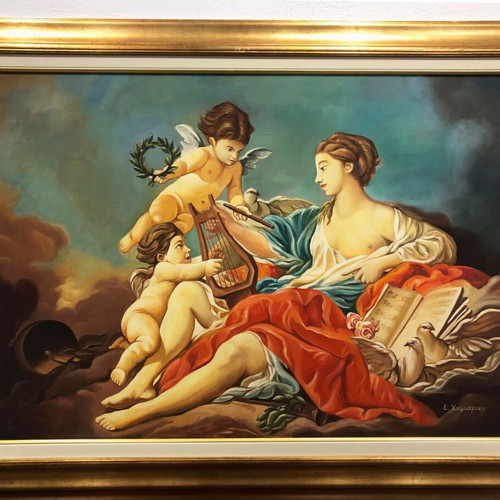 Oil painting on canvas used with gold frame by E. Cheimarios