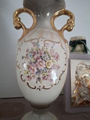 Vintage porcelain vase with floral design and gold handles