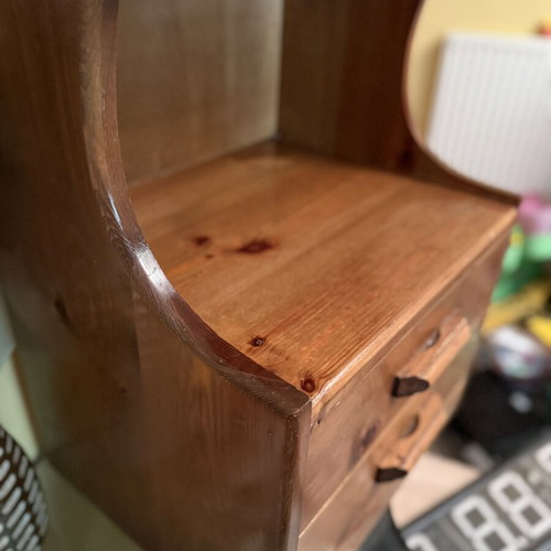 Wooden bedside table with 2 drawers and open shelf used