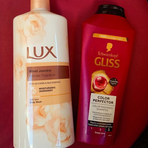 Care set with body wash and shampoo used