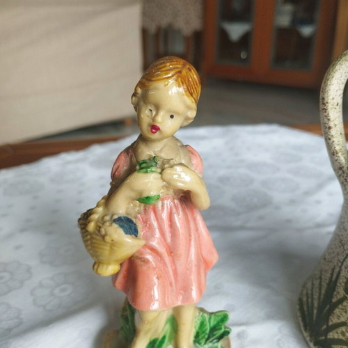 Vintage bundle handmade ceramic jug and Pink Girls figure pair like new