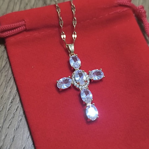 Elegant cross necklace with white stones in gold tone, new