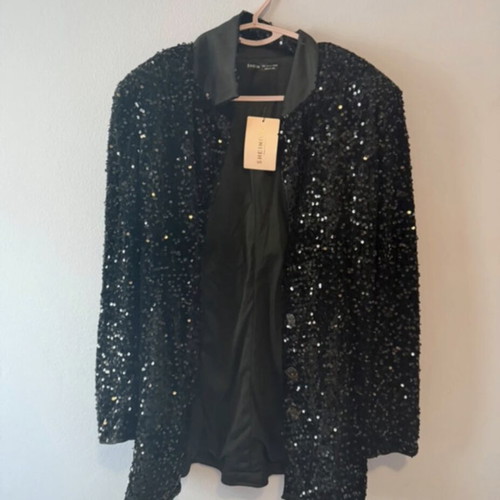 Sequin tuxedo blazer with satin trim, black, size L