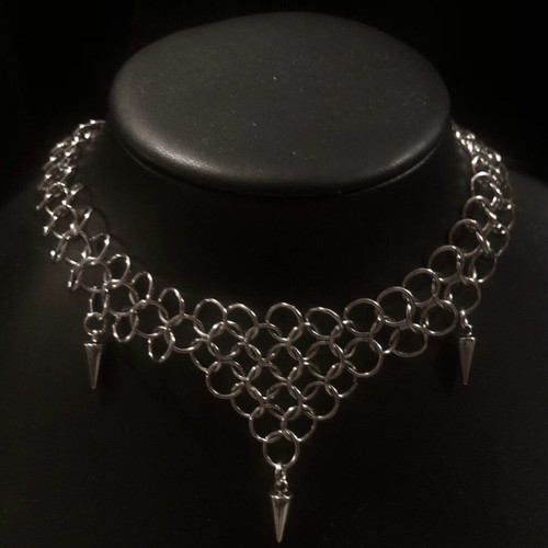 Chainmail necklace with spikes handmade, new, silver stainless steel